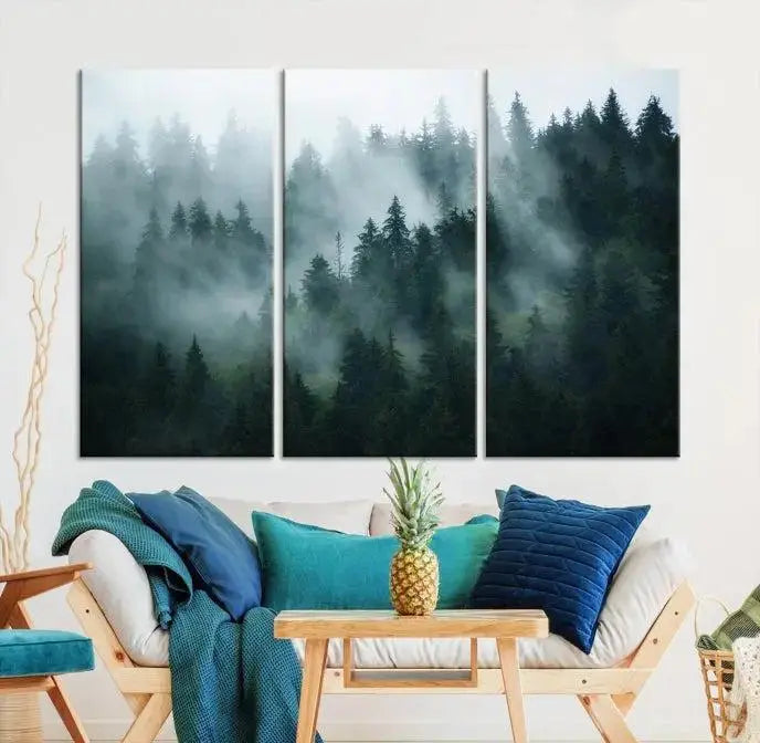Foggy Forest 3-Panel Canvas Wall Art | Large Giclée Nature Scene Print for Living Room, Office, or Bedroom | Misty Pine Trees in Morning Light, Ready to Hang