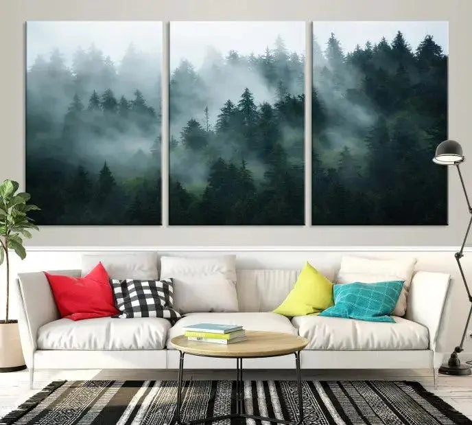 Foggy Forest 3-Panel Canvas Wall Art | Large Giclée Nature Scene Print for Living Room, Office, or Bedroom | Misty Pine Trees in Morning Light, Ready to Hang