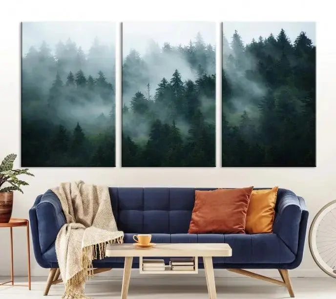 Foggy Forest 3-Panel Canvas Wall Art | Large Giclée Nature Scene Print for Living Room, Office, or Bedroom | Misty Pine Trees in Morning Light, Ready to Hang