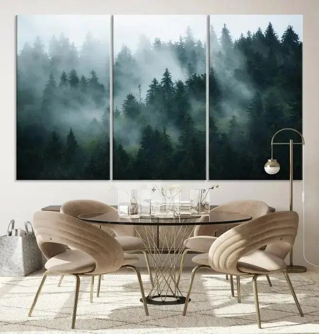Foggy Forest 3-Panel Canvas Wall Art | Large Giclée Nature Scene Print for Living Room, Office, or Bedroom | Misty Pine Trees in Morning Light, Ready to Hang
