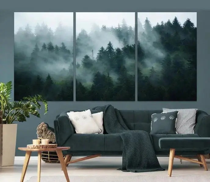 Foggy Forest 3-Panel Canvas Wall Art | Large Giclée Nature Scene Print for Living Room, Office, or Bedroom | Misty Pine Trees in Morning Light, Ready to Hang