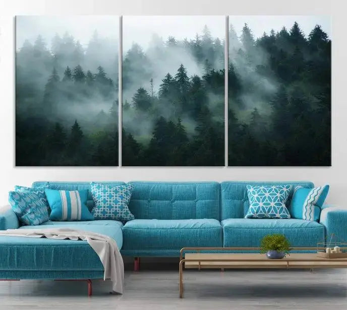 Foggy Forest 3-Panel Canvas Wall Art | Large Giclée Nature Scene Print for Living Room, Office, or Bedroom | Misty Pine Trees in Morning Light, Ready to Hang
