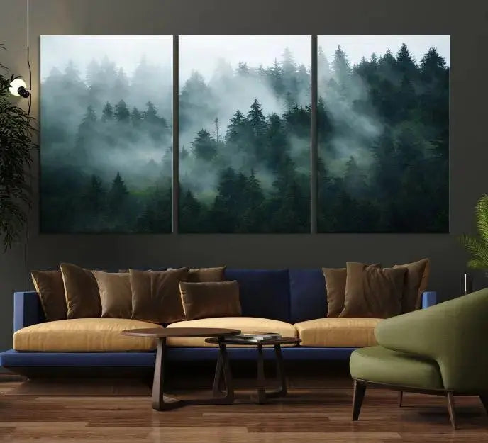 Foggy Forest 3-Panel Canvas Wall Art | Large Giclée Nature Scene Print for Living Room, Office, or Bedroom | Misty Pine Trees in Morning Light, Ready to Hang