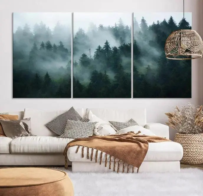 Foggy Forest 3-Panel Canvas Wall Art | Large Giclée Nature Scene Print for Living Room, Office, or Bedroom | Misty Pine Trees in Morning Light, Ready to Hang