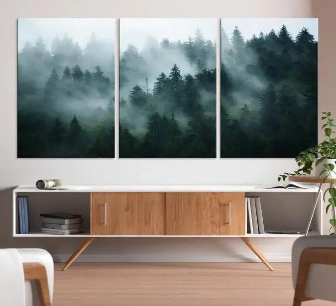 Foggy Forest 3-Panel Canvas Wall Art | Large Giclée Nature Scene Print for Living Room, Office, or Bedroom | Misty Pine Trees in Morning Light, Ready to Hang