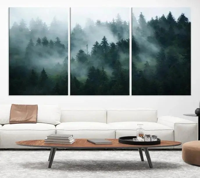 Foggy Forest 3-Panel Canvas Wall Art | Large Giclée Nature Scene Print for Living Room, Office, or Bedroom | Misty Pine Trees in Morning Light, Ready to Hang