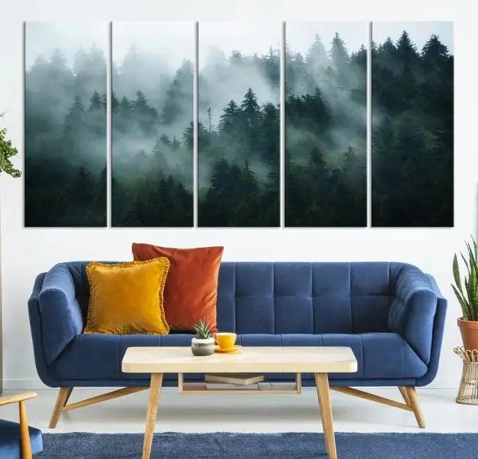 Foggy Forest 3-Panel Canvas Wall Art | Large Giclée Nature Scene Print for Living Room, Office, or Bedroom | Misty Pine Trees in Morning Light, Ready to Hang