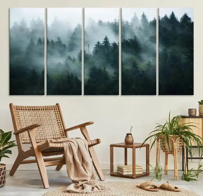 Foggy Forest 3-Panel Canvas Wall Art | Large Giclée Nature Scene Print for Living Room, Office, or Bedroom | Misty Pine Trees in Morning Light, Ready to Hang