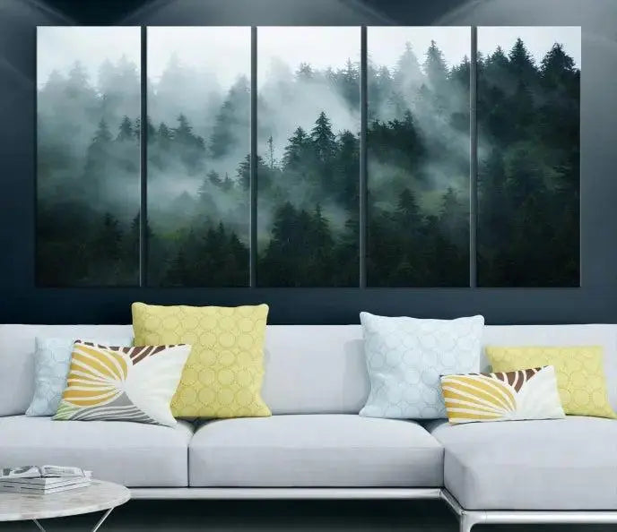 Foggy Forest 3-Panel Canvas Wall Art | Large Giclée Nature Scene Print for Living Room, Office, or Bedroom | Misty Pine Trees in Morning Light, Ready to Hang