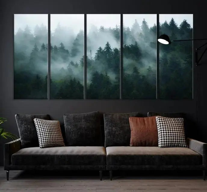 The "Foggy Forest 3-Panel Canvas Wall Art" is a large giclée print featuring misty pine trees in morning light, perfect for enhancing your living room, office, or bedroom.