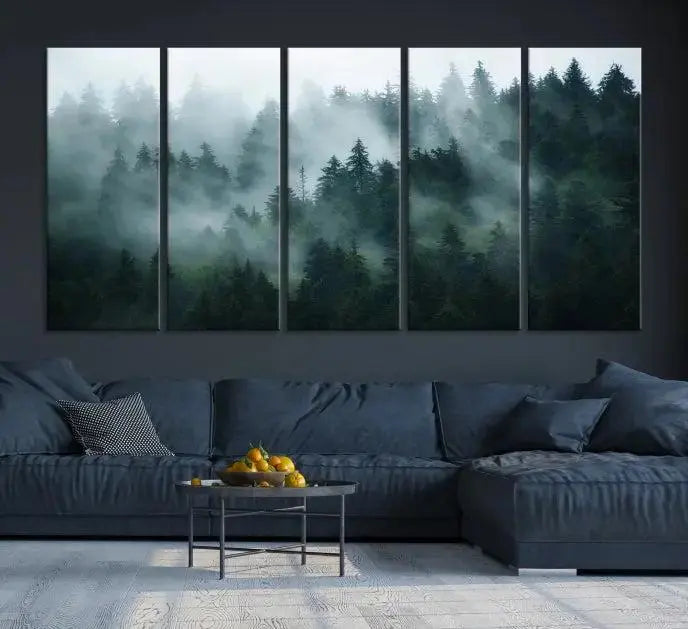 The "Foggy Forest 3-Panel Canvas Wall Art" is a large giclée print featuring misty pine trees in morning light, perfect for enhancing your living room, office, or bedroom.