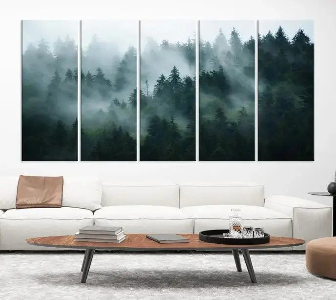 The "Foggy Forest 3-Panel Canvas Wall Art" is a large giclée print featuring misty pine trees in morning light, perfect for enhancing your living room, office, or bedroom.
