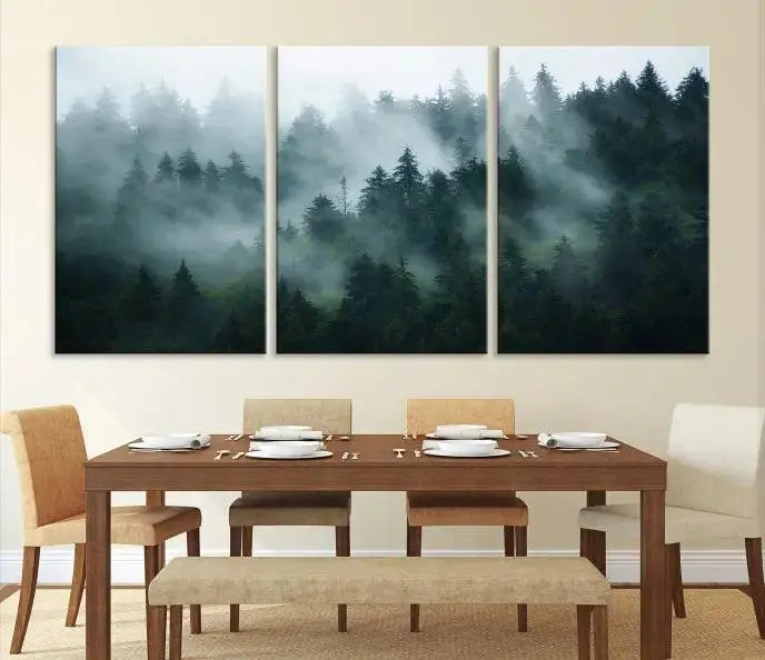 The "Foggy Forest 3-Panel Canvas Wall Art" is a large giclée print featuring misty pine trees in morning light, perfect for enhancing your living room, office, or bedroom.