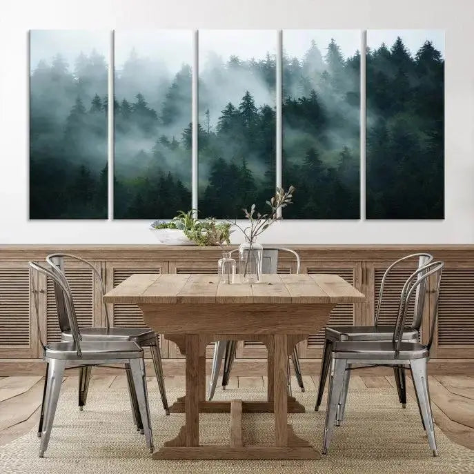 The "Foggy Forest 3-Panel Canvas Wall Art" is a large giclée print featuring misty pine trees in morning light, perfect for enhancing your living room, office, or bedroom.