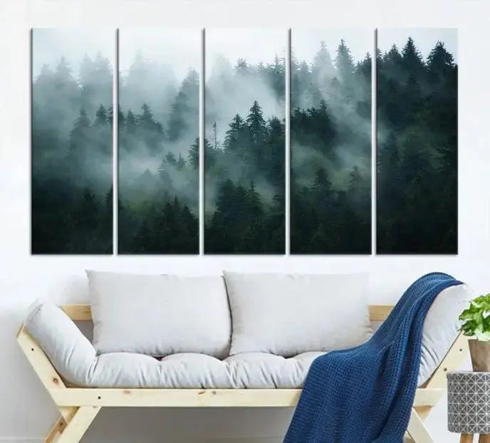 The "Foggy Forest 3-Panel Canvas Wall Art" is a large giclée print featuring misty pine trees in morning light, perfect for enhancing your living room, office, or bedroom.