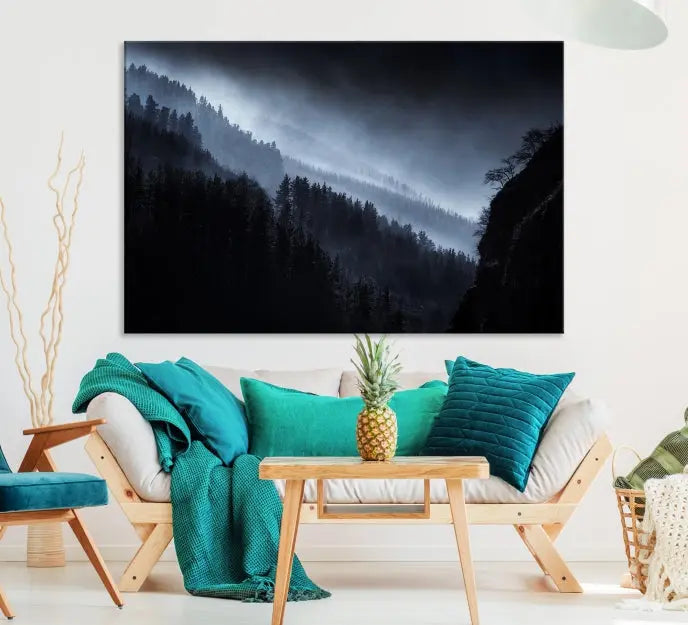 The "Foggy Forest Landscape Wall Art Canvas Print," consisting of three panels depicting a misty mountain forest, graces the wall.