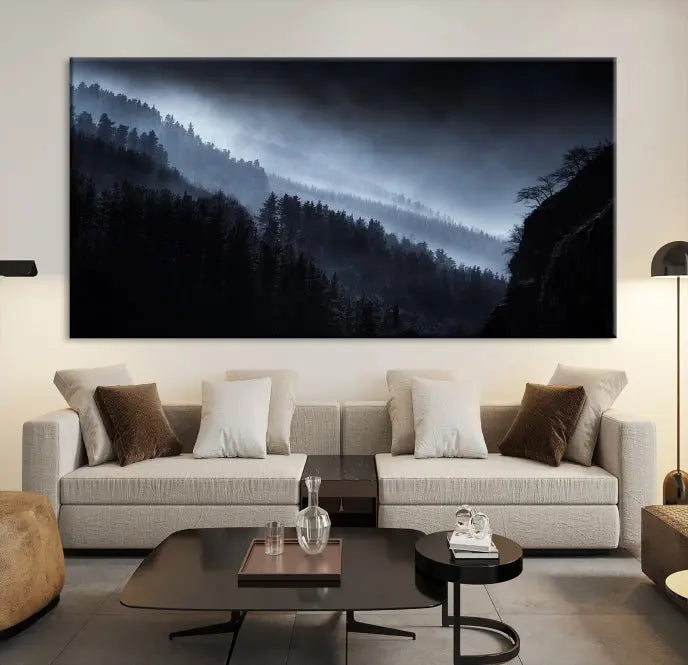 The "Foggy Forest Landscape Wall Art Canvas Print," consisting of three panels depicting a misty mountain forest, graces the wall.