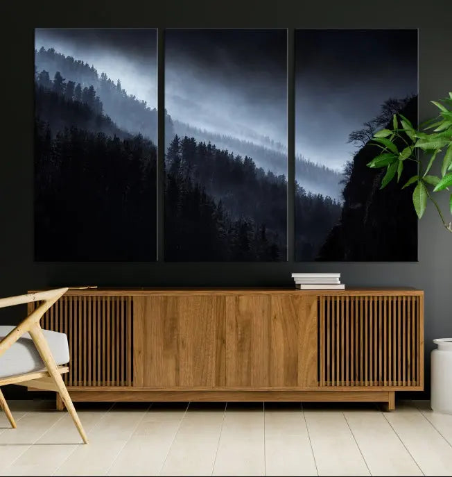 The "Foggy Forest Landscape Wall Art Canvas Print," consisting of three panels depicting a misty mountain forest, graces the wall.