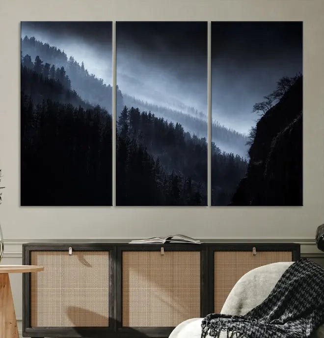 The "Foggy Forest Landscape Wall Art Canvas Print," consisting of three panels depicting a misty mountain forest, graces the wall.