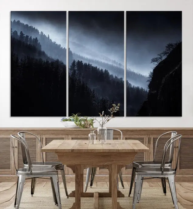 The "Foggy Forest Landscape Wall Art Canvas Print," consisting of three panels depicting a misty mountain forest, graces the wall.