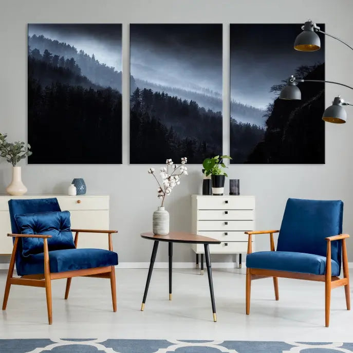 The "Foggy Forest Landscape Wall Art Canvas Print," consisting of three panels depicting a misty mountain forest, graces the wall.