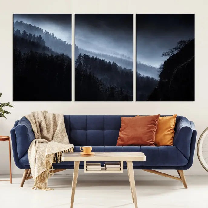 The "Foggy Forest Landscape Wall Art Canvas Print," consisting of three panels depicting a misty mountain forest, graces the wall.