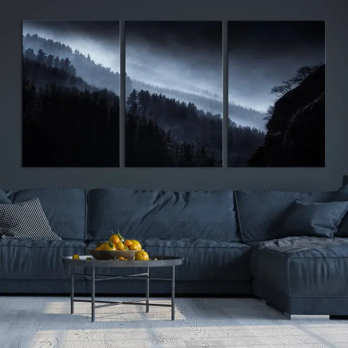 The "Foggy Forest Landscape Wall Art Canvas Print," consisting of three panels depicting a misty mountain forest, graces the wall.