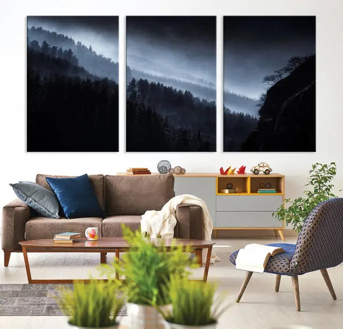 The "Foggy Forest Landscape Wall Art Canvas Print," consisting of three panels depicting a misty mountain forest, graces the wall.