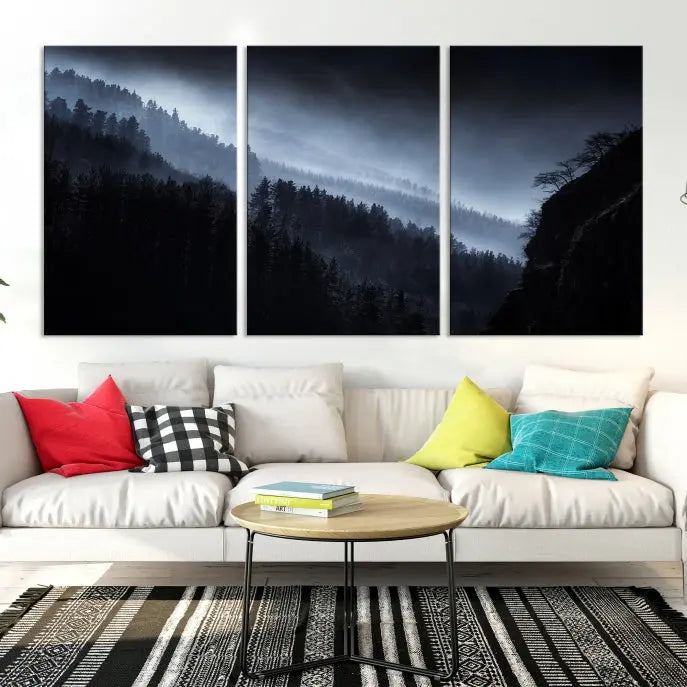 The "Foggy Forest Landscape Wall Art Canvas Print," consisting of three panels depicting a misty mountain forest, graces the wall.