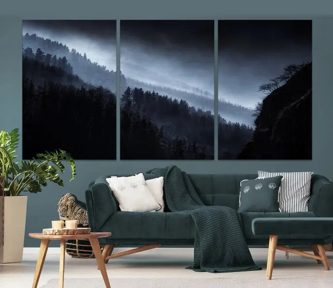 The "Foggy Forest Landscape Wall Art Canvas Print," consisting of three panels depicting a misty mountain forest, graces the wall.