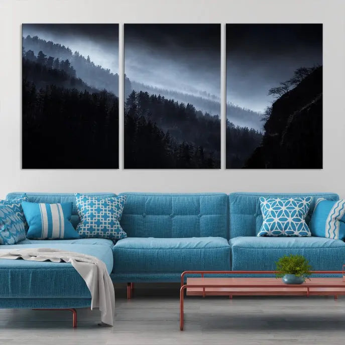 The "Foggy Forest Landscape Wall Art Canvas Print," consisting of three panels depicting a misty mountain forest, graces the wall.