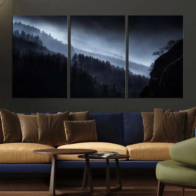 The "Foggy Forest Landscape Wall Art Canvas Print," consisting of three panels depicting a misty mountain forest, graces the wall.