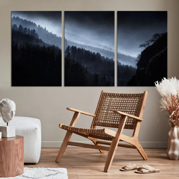 The "Foggy Forest Landscape Wall Art Canvas Print," consisting of three panels depicting a misty mountain forest, graces the wall.