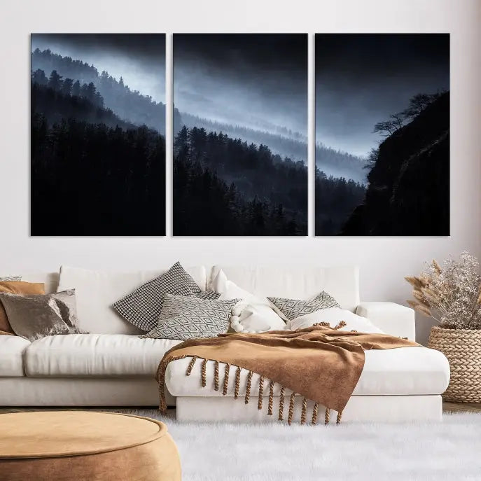 The "Foggy Forest Landscape Wall Art Canvas Print," consisting of three panels depicting a misty mountain forest, graces the wall.