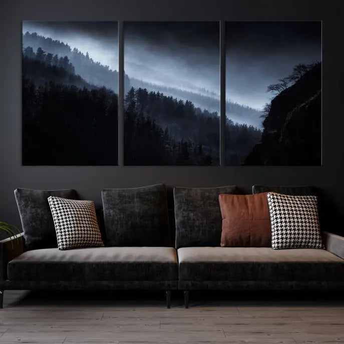 The "Foggy Forest Landscape Wall Art Canvas Print," consisting of three panels depicting a misty mountain forest, graces the wall.