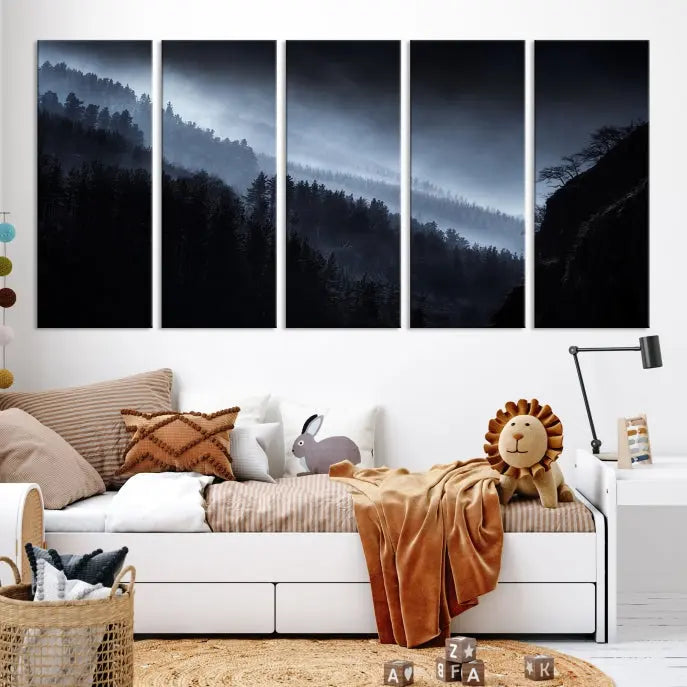 The "Foggy Forest Landscape Wall Art Canvas Print," consisting of three panels depicting a misty mountain forest, graces the wall.