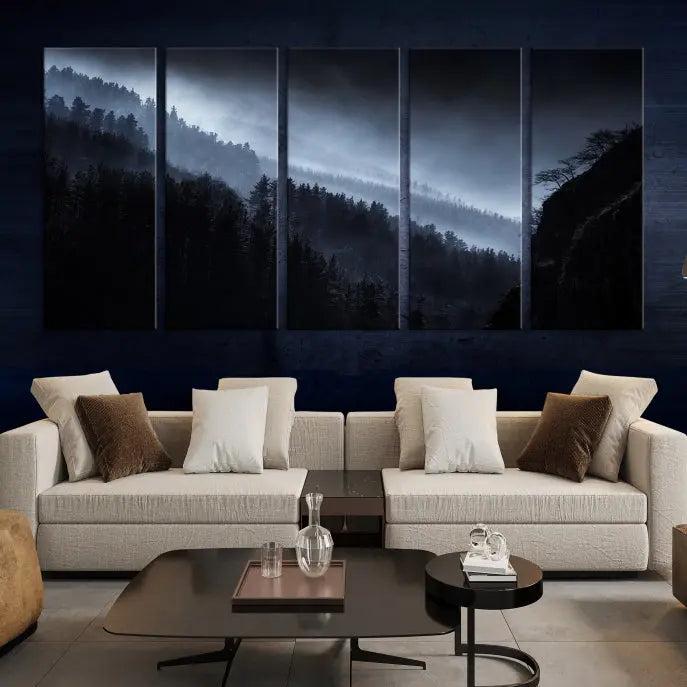 The "Foggy Forest Landscape Wall Art Canvas Print," consisting of three panels depicting a misty mountain forest, graces the wall.