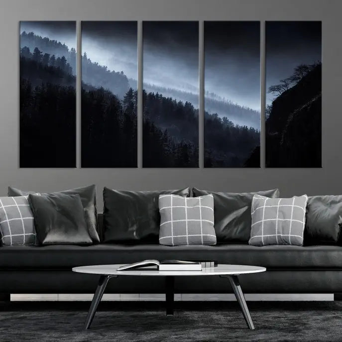 The "Foggy Forest Landscape Wall Art Canvas Print," consisting of three panels depicting a misty mountain forest, graces the wall.