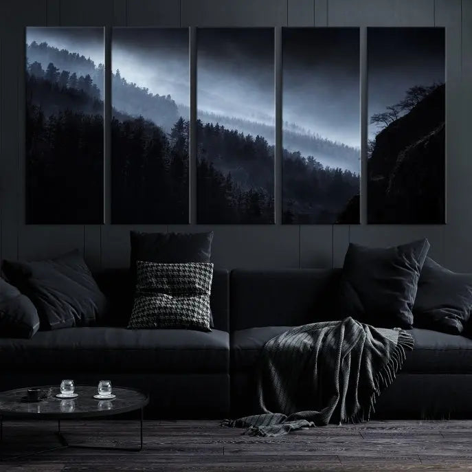 The "Foggy Forest Landscape Wall Art Canvas Print," consisting of three panels depicting a misty mountain forest, graces the wall.