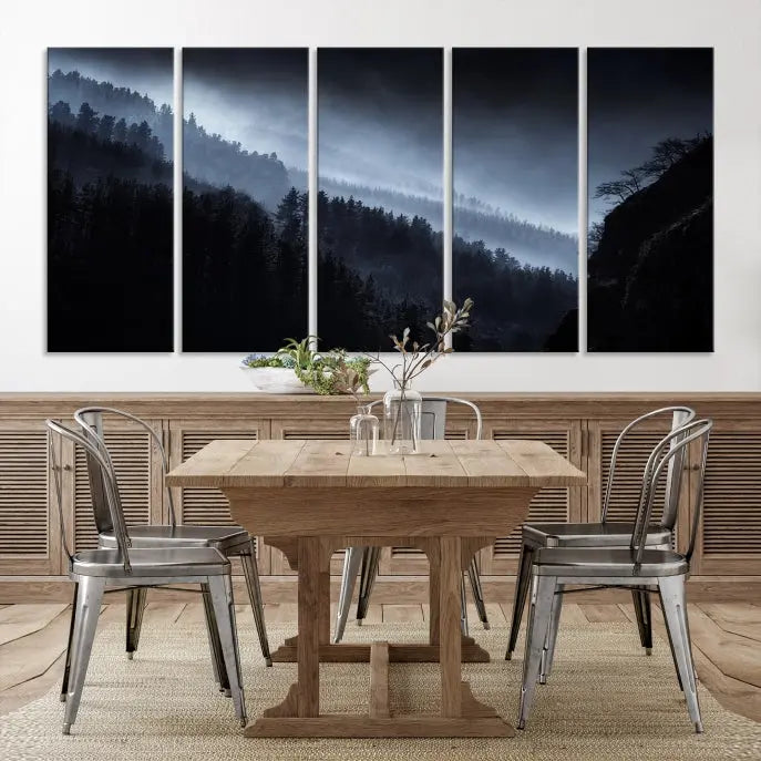 The "Foggy Forest Landscape Wall Art Canvas Print," consisting of three panels depicting a misty mountain forest, graces the wall.