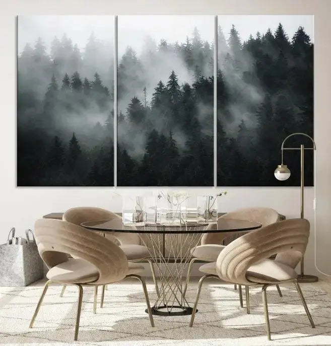 Foggy Forest Wall Art Canvas Print | 3 Panel Large Misty Landscape for Dining Room, Office, or Living Room | Ready to Hang Nature Deco