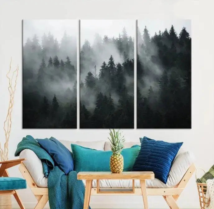 Foggy Forest Wall Art Canvas Print | 3 Panel Large Misty Landscape for Dining Room, Office, or Living Room | Ready to Hang Nature Deco