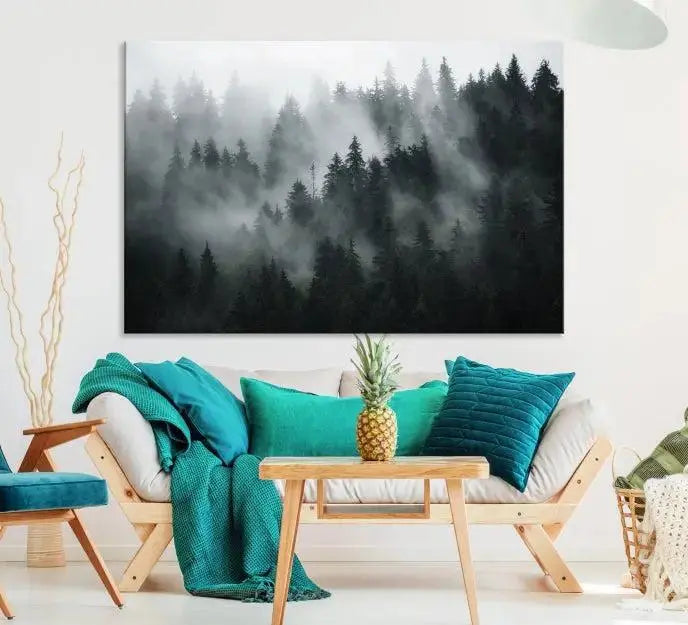 Foggy Forest Wall Art Canvas Print | 3 Panel Large Misty Landscape for Dining Room, Office, or Living Room | Ready to Hang Nature Deco