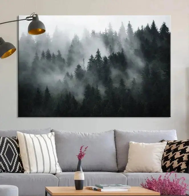 Foggy Forest Wall Art Canvas Print | 3 Panel Large Misty Landscape for Dining Room, Office, or Living Room | Ready to Hang Nature Deco