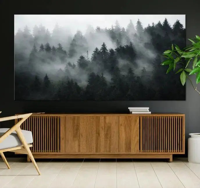 Foggy Forest Wall Art Canvas Print | 3 Panel Large Misty Landscape for Dining Room, Office, or Living Room | Ready to Hang Nature Deco