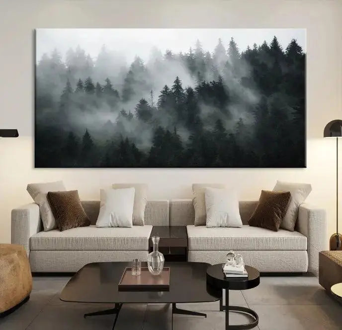Foggy Forest Wall Art Canvas Print | 3 Panel Large Misty Landscape for Dining Room, Office, or Living Room | Ready to Hang Nature Deco