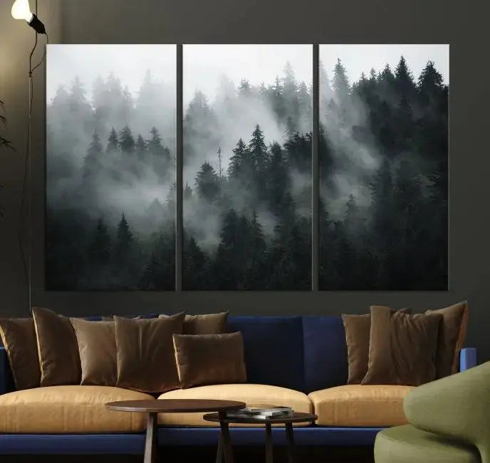 Foggy Forest Wall Art Canvas Print | 3 Panel Large Misty Landscape for Dining Room, Office, or Living Room | Ready to Hang Nature Deco