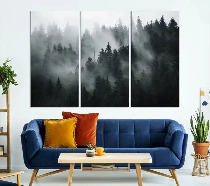 Foggy Forest Wall Art Canvas Print | 3 Panel Large Misty Landscape for Dining Room, Office, or Living Room | Ready to Hang Nature Deco