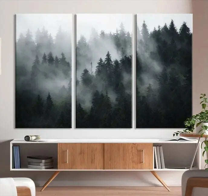 Foggy Forest Wall Art Canvas Print | 3 Panel Large Misty Landscape for Dining Room, Office, or Living Room | Ready to Hang Nature Deco