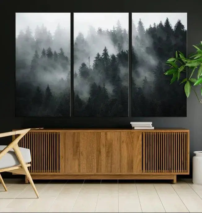Foggy Forest Wall Art Canvas Print | 3 Panel Large Misty Landscape for Dining Room, Office, or Living Room | Ready to Hang Nature Deco